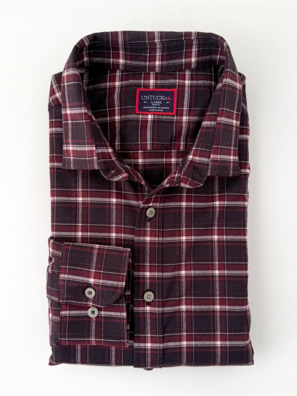 New Untuckit Benoit Men's Twill Flannel Button Down Shirt Burgundy Black White L